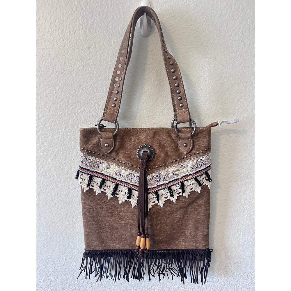 Montana West Brown Western Canvas Boho‎ Fringe Carry Tote Bag Western Concho